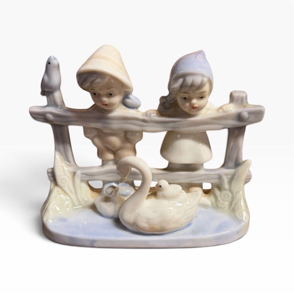 Vintage Artmark Porcelain Figurine Children Boy Girl on Fence with Swans Pond